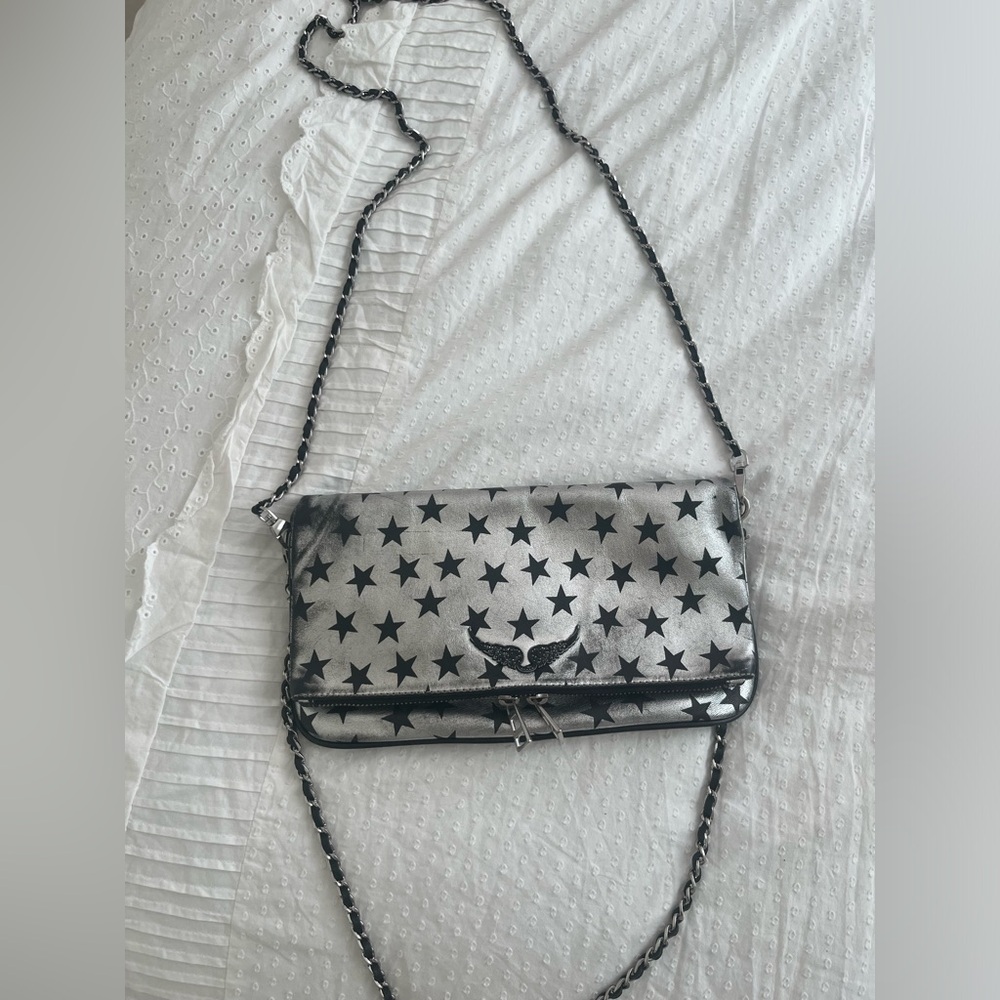 Zadig and Voltaire Silver/Black Leather Circus Star Rock Foldover Clutch Bag